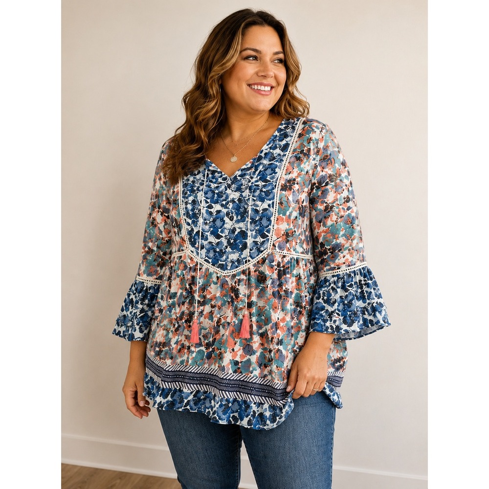 Vintage America Blues 2X Boho Floral Tunic Bell Sleeve Crochet Cotton Top